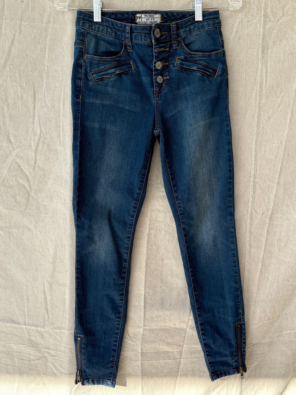 Free People W25 Medium Wash Button Fly Ankle Zip Skinny Jeans